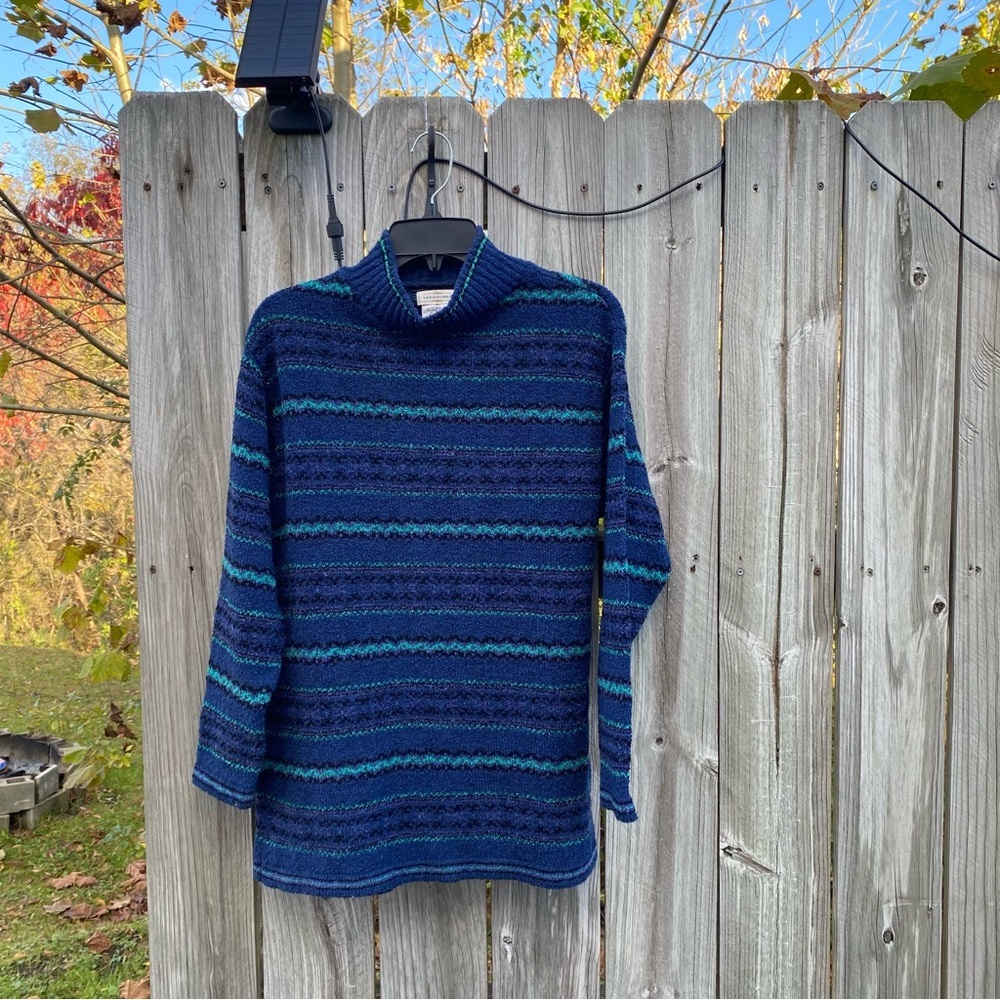 Vintage Grannycore Yarnworks Mock Neck Sweater Small Blue Striped Wool Blend